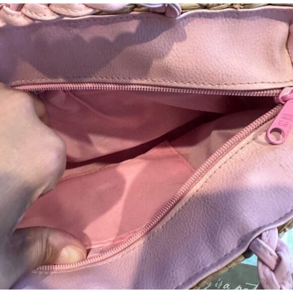 Woven Straw Handbag With Pink Floral Fabric & Braided Handles - Picture 8 of 9